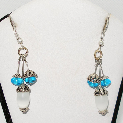 Pair of earrings with blue beads and clear stones on a white background