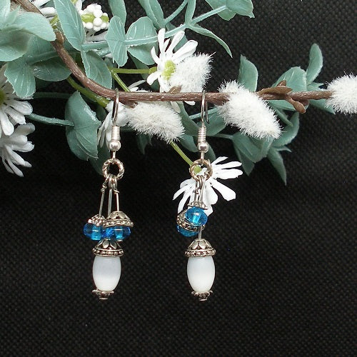 Pair of earrings with blue and white beads hanging on a branch with flowers.