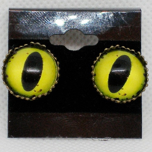 Cat eye-shaped earrings on a display card with a gray background