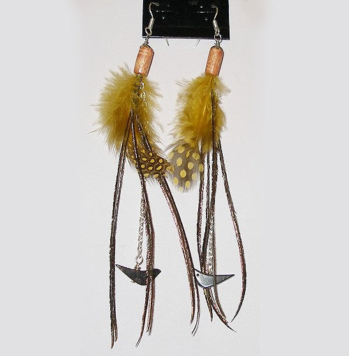 Feathered earrings with yellow feathers and long strands on a white background