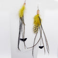 Feather earrings with yellow feathers and black accents on a white background