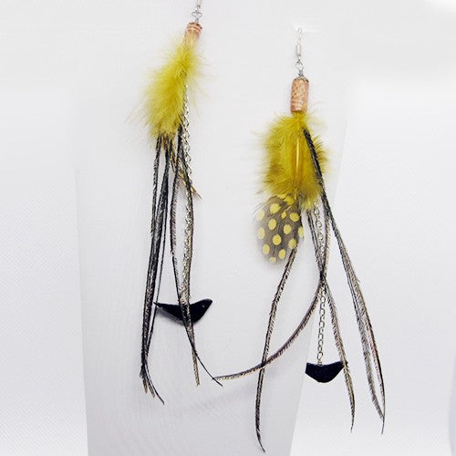Feather earrings with yellow feathers and black accents on a white background