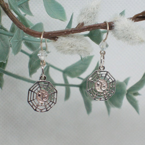 Silver earrings with intricate designs hanging from a branch with leaves and flowers.