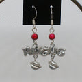 Silver earrings with 'HUGS' and red beads on a white background