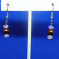 Pair of earrings with brown and pink beads on a blue and white background
