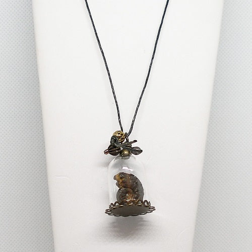 Necklace with a small glass jar pendant containing an ammonite fossil on a white background