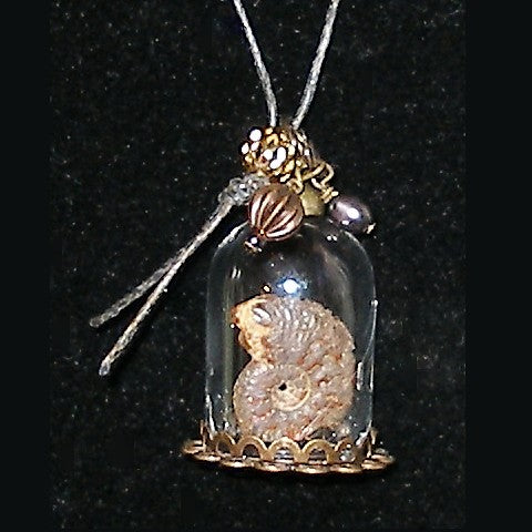 Necklace with a small ammontite fossil inside a glass dome on a black background