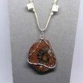 Necklace with a fossil ammonite pendant on a gray background