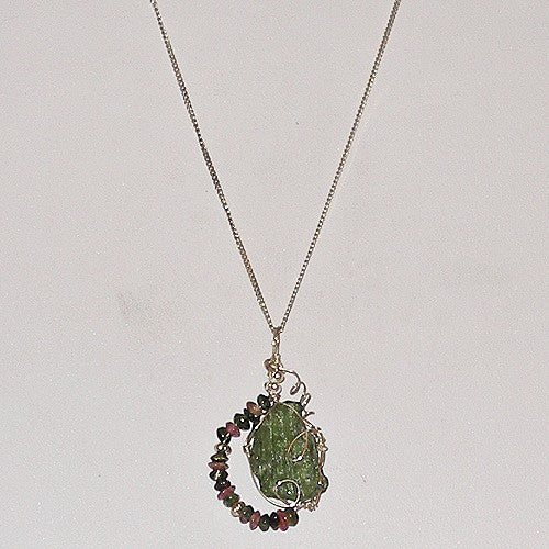 Moldavite and Tourmaline Wire Wrapped Necklace