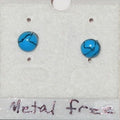 Turquoise round earrings on a white card with 'Metal Free' text.
