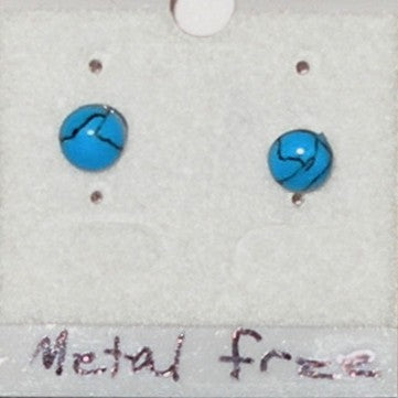 Turquoise round earrings on a white card with 'Metal Free' text.