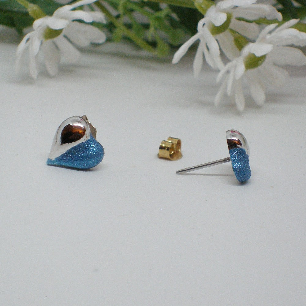 Half Blue Sparkle Heart Stud Earrings