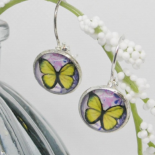 Butterfly earrings with a silver frame on a white background