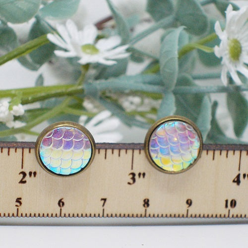 Pair of round earrings with colorful scale pattern on a ruler with floral background