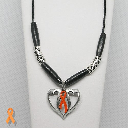 Necklace with a heart-shaped pendant featuring an orange ribbon on a white background