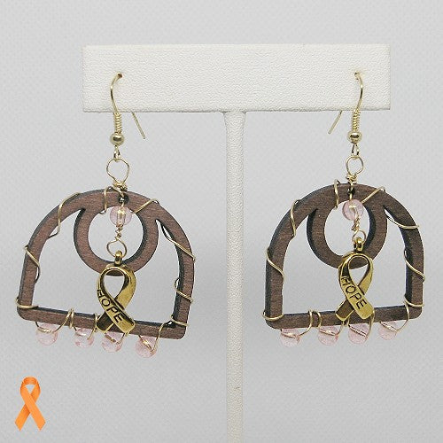Wooden earrings with gold ribbons and 'Hope' text on a white stand.