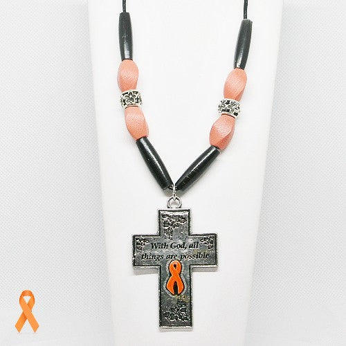 Necklace with cross pendant and orange ribbon on a white background