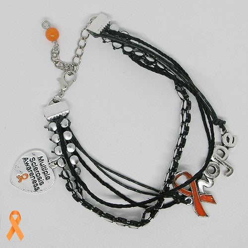 Bracelet with multiple strands, charms, and an orange ribbon on a light gray background