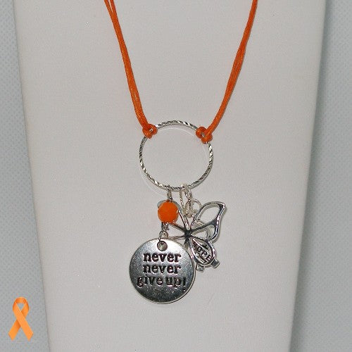 Necklace with 'never never give up' pendant and orange ribbon on a white background