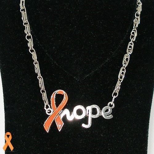 Necklace with orange ribbon and 'hope' pendant on a black background