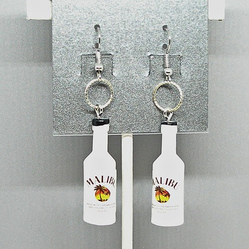 Malibu bottle-shaped earrings on a gray card