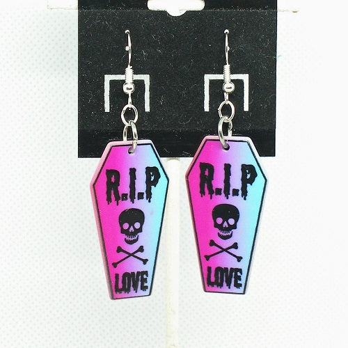 Coffin-shaped earrings with 'R.I.P. Love' text on a display card.