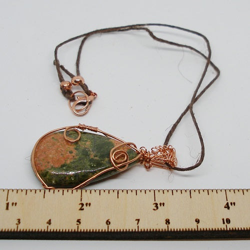 Wire Wrapped Unakite Pendant Necklace