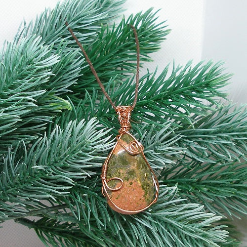 Wire Wrapped Unakite Pendant Necklace