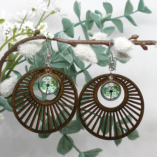 Glass and Wood Dangle Earrings