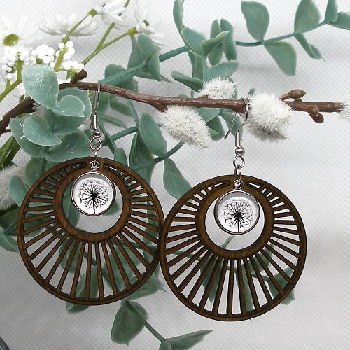 Glass and Wood Dangle Earrings