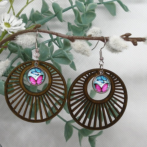 Glass and Wood Dangle Earrings