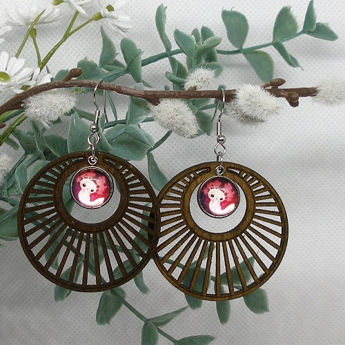Glass and Wood Dangle Earrings