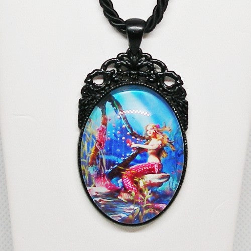 Mermaid with Harp Pendant Necklace